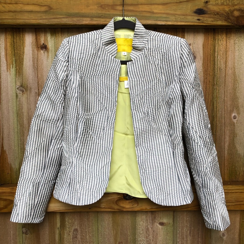 Flores & Flores Striped Seersucker Jacket and Silk Camisole Size 4 Yellow Gray